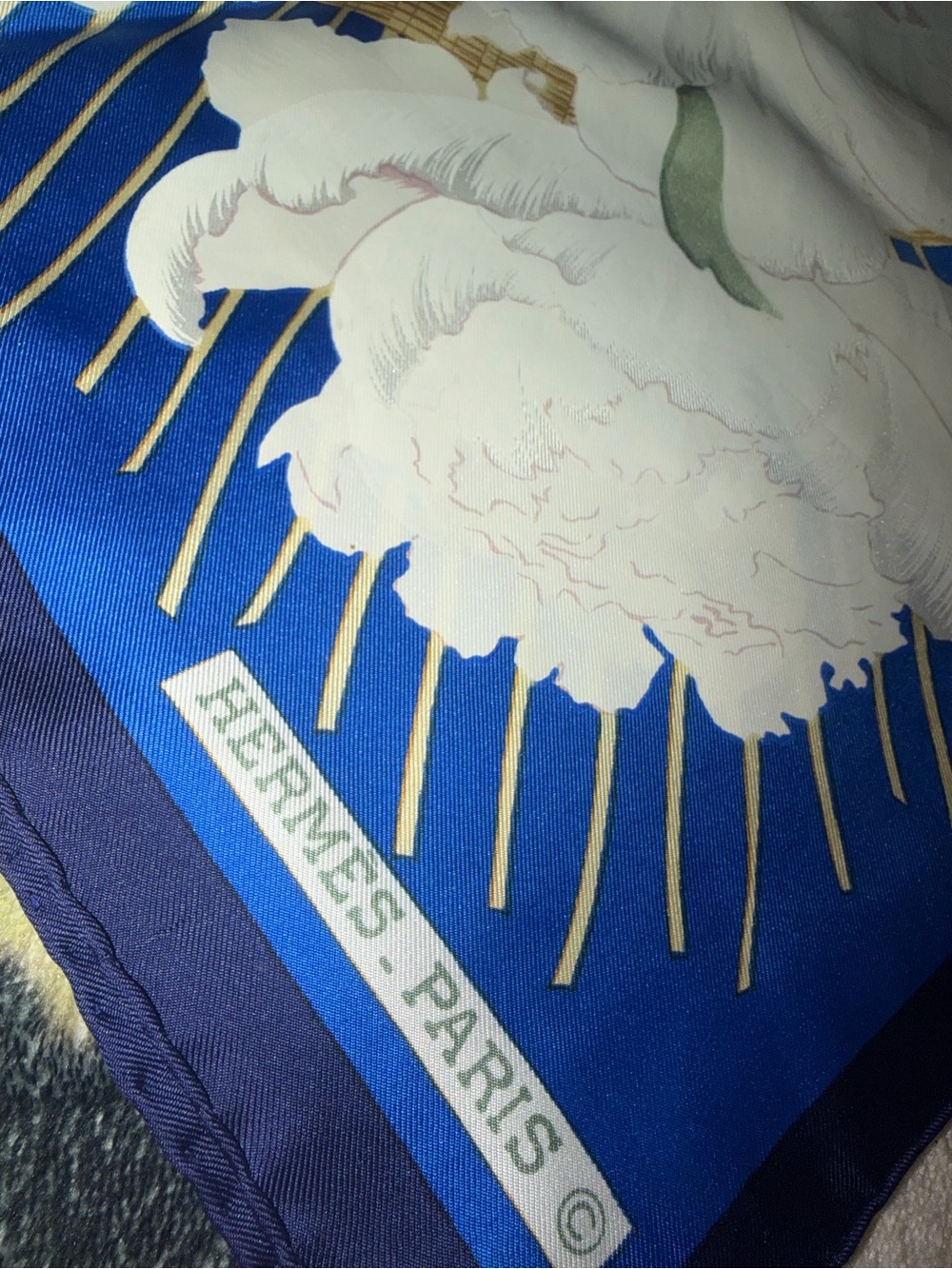 Hermes La Maison Blue White Gold Floral Silk Scarf